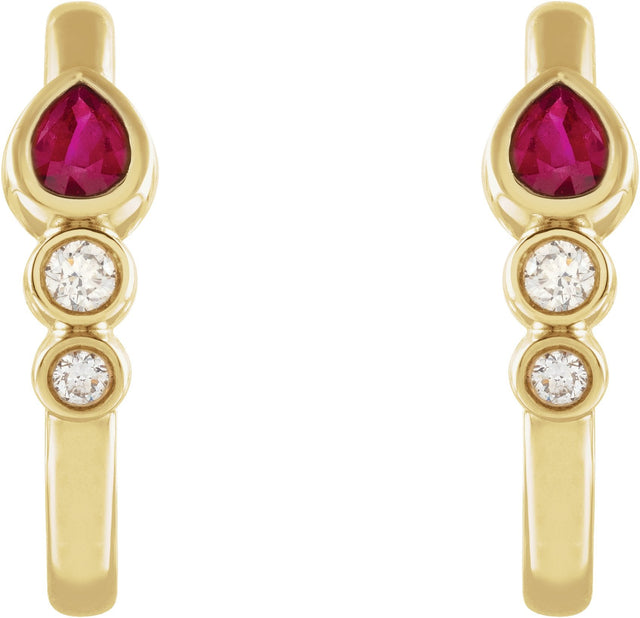 14K Gold Pear Natural Ruby & Natural Diamond Bezel-Set Hoop Earrings - Yellow Gold - view 2