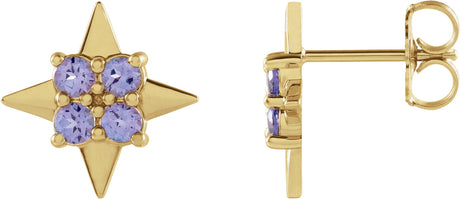 14K Gold Round Natural Tanzanite Star Earrings - Yellow Gold