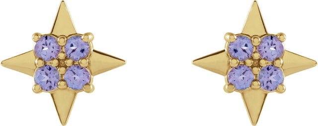 14K Gold Round Natural Tanzanite Star Earrings - Yellow Gold - view 2