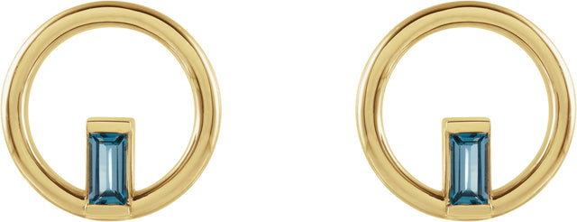 14K Gold Straight Baguette Natural London Blue Topaz Baguette Circle Earrings - Yellow Gold - view 2