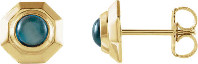 14K Gold Round Natural London Blue Topaz Geometric Cabochon Earrings - Yellow Gold