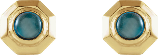 14K Gold Round Natural London Blue Topaz Geometric Cabochon Earrings - Yellow Gold - view 2
