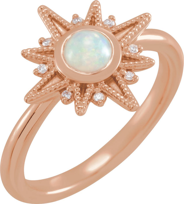 14K Gold Round Natural Ethiopian Opal & Natural Diamond Star Cabochon Ring - Rose Gold