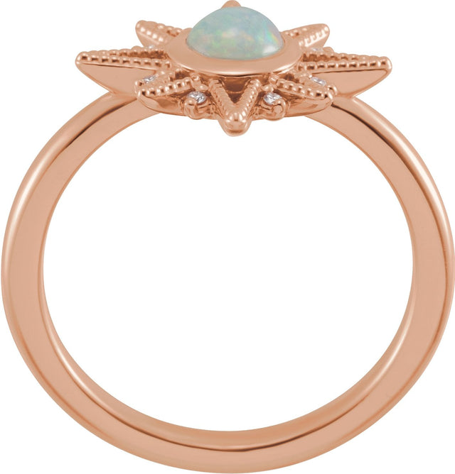 14K Gold Round Natural Ethiopian Opal & Natural Diamond Star Cabochon Ring - Rose Gold - view 2