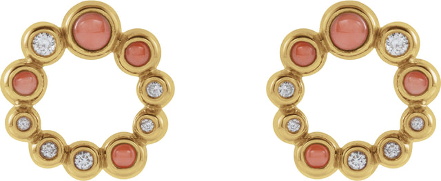 14K Gold Round Natural Pink Coral & Natural Diamond Bezel-Set Cabochon Earrings – 3mm Stones - Yellow Gold - view 2