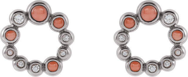 14K Gold Round Natural Pink Coral & Natural Diamond Bezel-Set Cabochon Earrings – 3mm Stones - White Gold - view 2