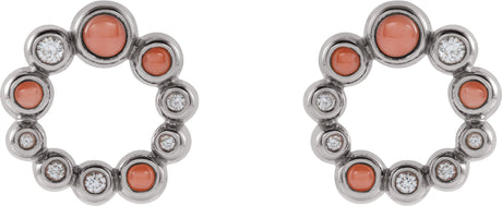 Platinum Round Natural Pink Coral & Natural Diamond Bezel-Set Cabochon Earrings – 3mm Stones - view 2