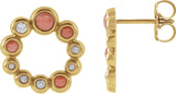 14K Gold Round Natural Pink Coral & Natural Diamond Bezel-Set Cabochon Earrings – 3mm Stones - Yellow Gold