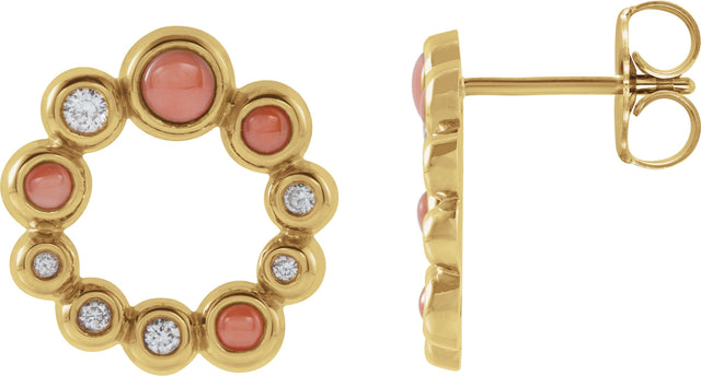 14K Gold Round Natural Pink Coral & Natural Diamond Bezel-Set Cabochon Earrings – 3mm Stones - Yellow Gold