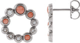14K Gold Round Natural Pink Coral & Natural Diamond Bezel-Set Cabochon Earrings – 3mm Stones - White Gold