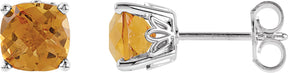 14K Gold Natural Citrine Cushion 4-Prong Scroll Setting Stud Earrings - White Gold