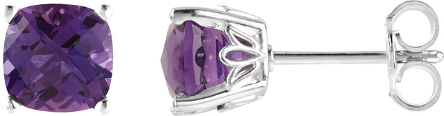 14K Gold Natural Amethyst Cushion 4-Prong Scroll Setting Stud Earrings - White Gold
