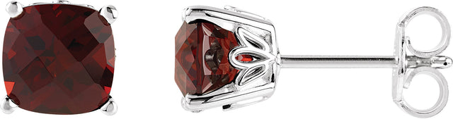 14K Gold Natural Mozambique Garnet Cushion 4-Prong Scroll Setting Stud Earrings - White Gold