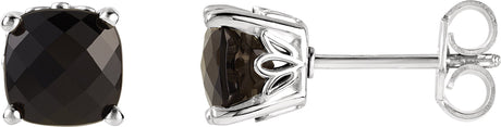 14K Gold Natural Black Onyx Cushion 4-Prong Scroll Setting Stud Earrings - White Gold