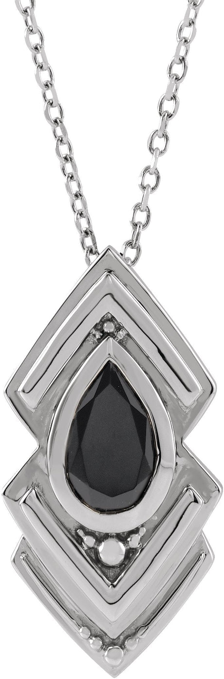 Platinum Pear Natural Black Onyx Bezel-Set Geometric Necklace or Pendant