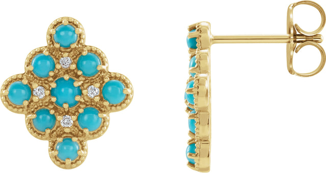 14K Gold Round Natural Turquoise & Natural Diamond Geometric Cabochon Earrings - Yellow Gold