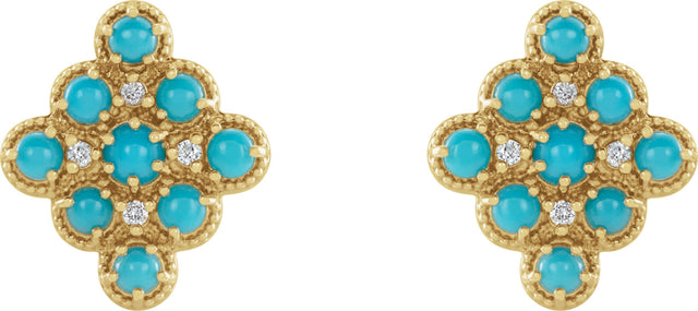 14K Gold Round Natural Turquoise & Natural Diamond Geometric Cabochon Earrings - Yellow Gold - view 2