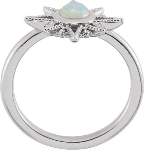 Platinum Round Natural Ethiopian Opal & Natural Diamond Star Cabochon Ring - view 2