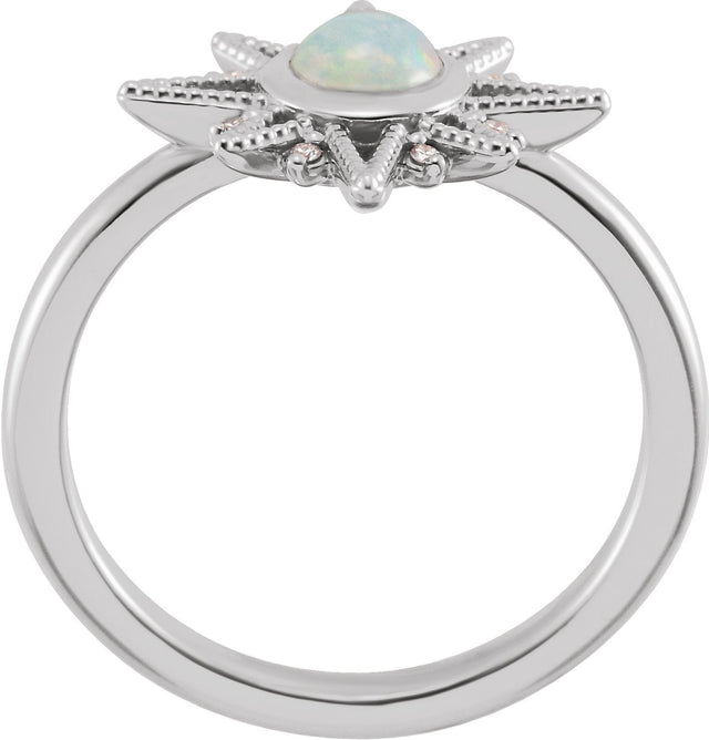 Platinum Round Natural Ethiopian Opal & Natural Diamond Star Cabochon Ring - view 2