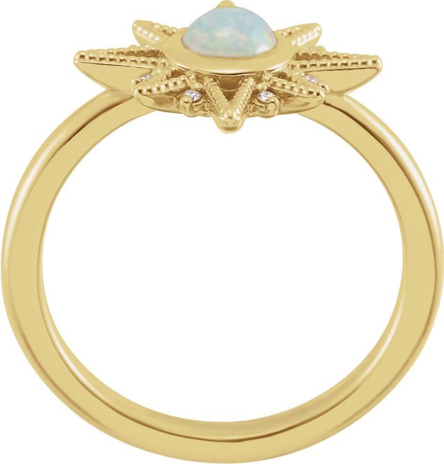 14K Gold Round Natural Ethiopian Opal & Natural Diamond Star Cabochon Ring - Yellow Gold - view 2
