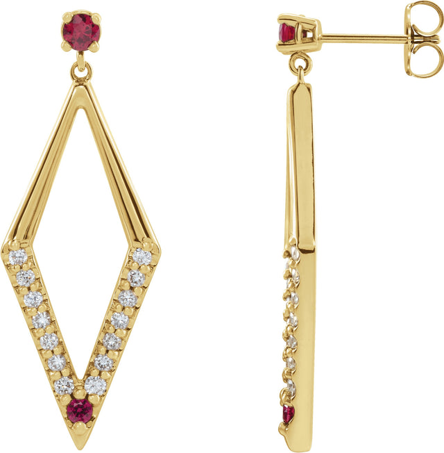 14K Gold Round Natural Ruby & Natural Diamond Accented Geometric Earrings - Yellow Gold