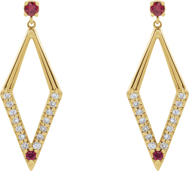 14K Gold Round Natural Ruby & Natural Diamond Accented Geometric Earrings - Yellow Gold - view 2