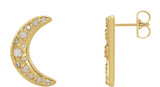 14K Gold Round Natural White Opal & Natural Diamond Crescent Moon Earrings - Yellow Gold
