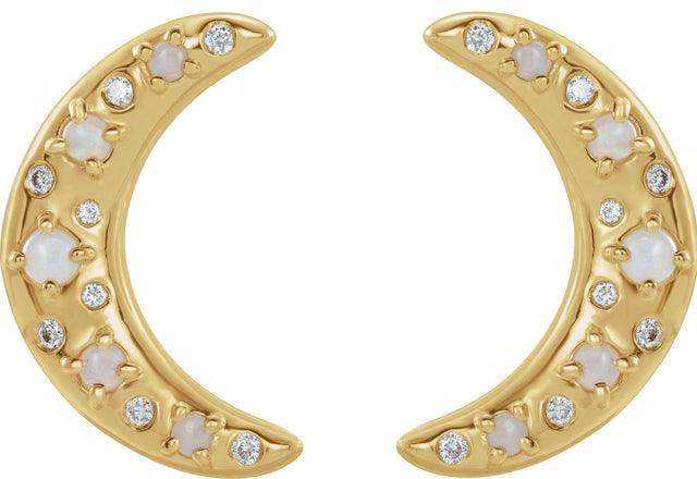 14K Gold Round Natural White Opal & Natural Diamond Crescent Moon Earrings - Rose Gold - view 3