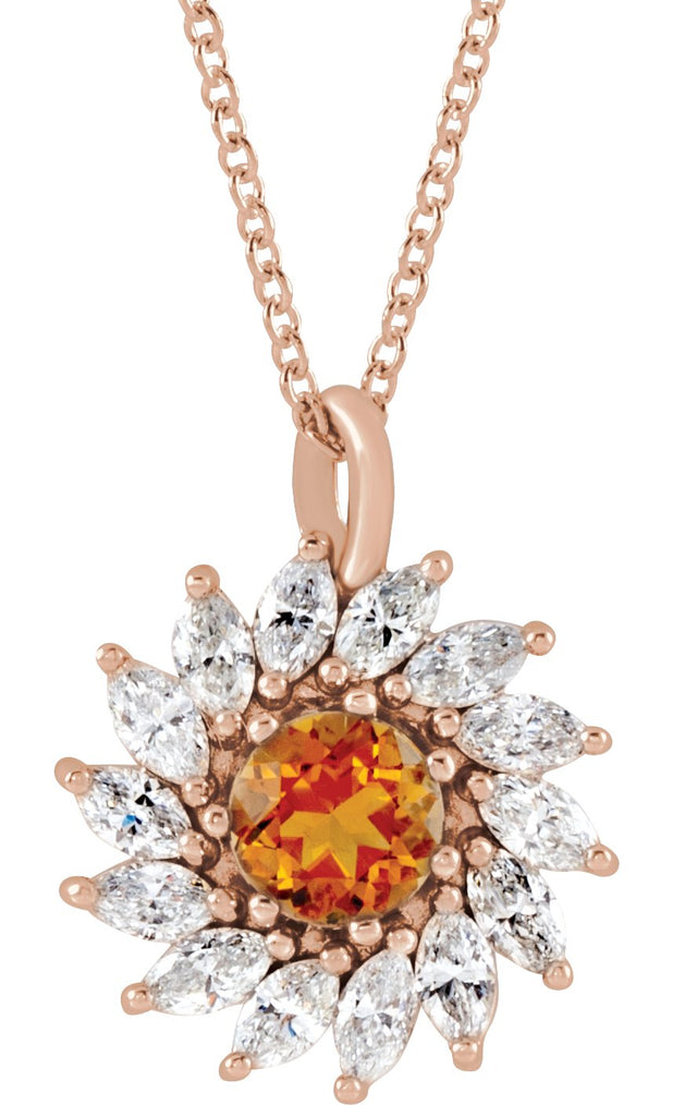 14K Gold Round Natural Citrine & Natural Diamond Halo-Style Necklace or Pendant – 3.5-6mm Stones - Rose Gold