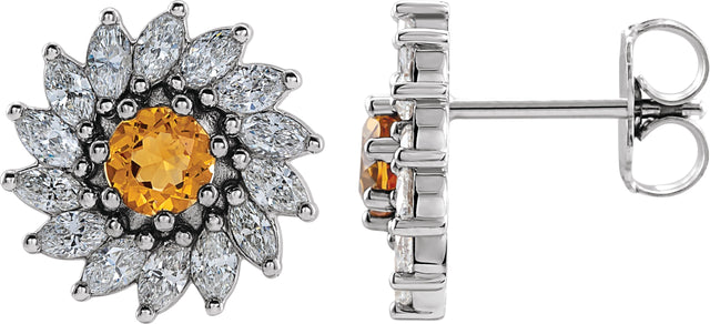 14K Gold Natural Citrine & Natural Diamond Round 7-Prong Halo-Style Earrings - White Gold