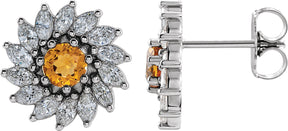 Platinum Natural Citrine & Natural Diamond Round 7-Prong Halo-Style Earrings