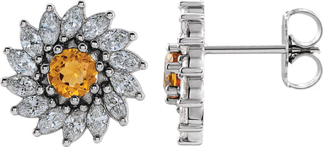 Platinum Natural Citrine & Natural Diamond Round 7-Prong Halo-Style Earrings