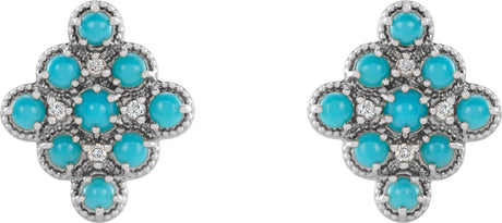 Platinum Round Natural Turquoise & Natural Diamond Geometric Cabochon Earrings - view 2