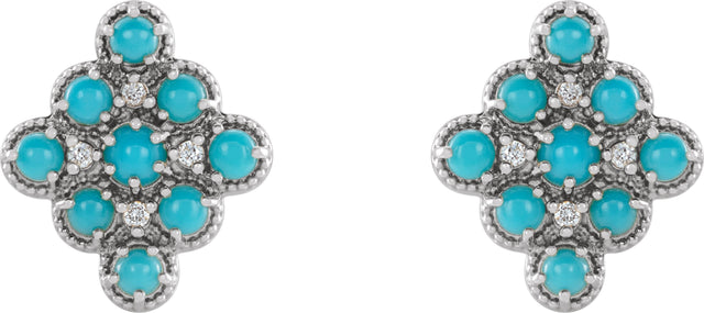 Platinum Round Natural Turquoise & Natural Diamond Geometric Cabochon Earrings - view 2