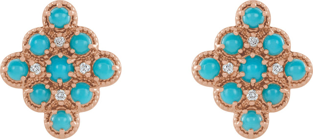14K Gold Round Natural Turquoise & Natural Diamond Geometric Cabochon Earrings - Rose Gold - view 2