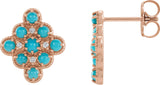 14K Gold Round Natural Turquoise & Natural Diamond Geometric Cabochon Earrings - Rose Gold