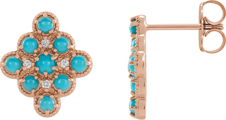 14K Gold Round Natural Turquoise & Natural Diamond Geometric Cabochon Earrings - Rose Gold