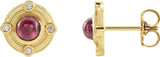 14K Gold Round Natural Rhodolite Garnet & Natural Diamond Accented Cabochon Earrings – 4mm Stones - Yellow Gold