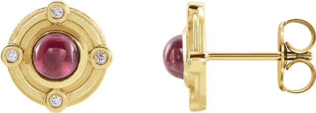 14K Gold Round Natural Rhodolite Garnet & Natural Diamond Accented Cabochon Earrings – 4mm Stones - Yellow Gold