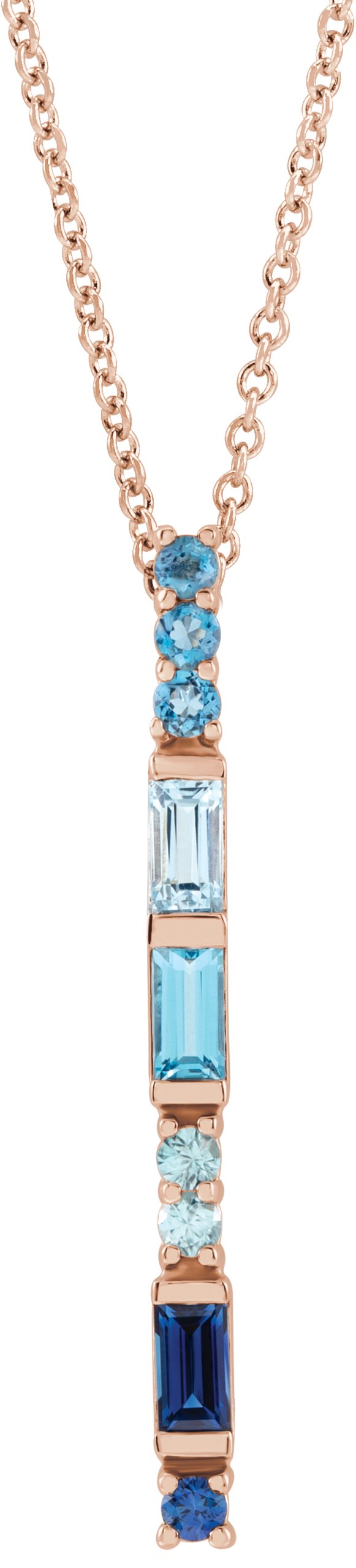 14K Gold Straight Baguette Natural Blue Multi-Gemstone Baguette Bar Necklace or Slide Pendant - Rose Gold