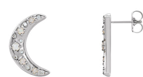 14K Gold Round Natural White Opal & Natural Diamond Crescent Moon Earrings - White Gold