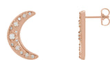 14K Gold Round Natural White Opal & Natural Diamond Crescent Moon Earrings - Rose Gold