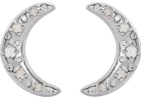 Platinum Round Natural White Opal & Natural Diamond Crescent Moon Earrings - view 2