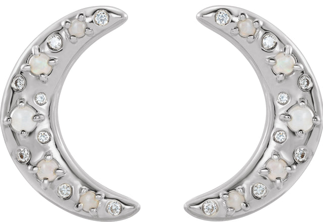Platinum Round Natural White Opal & Natural Diamond Crescent Moon Earrings - view 2