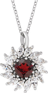 Platinum Round Natural Mozambique Garnet & Natural Diamond Halo-Style Necklace or Pendant – 3.5-6mm Stones