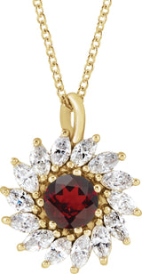 14K Gold Round Natural Mozambique Garnet & Natural Diamond Halo-Style Necklace or Pendant – 3.5-6mm Stones - Yellow Gold