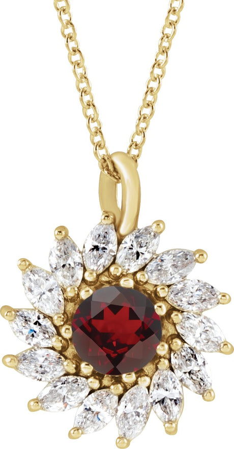 14K Gold Round Natural Mozambique Garnet & Natural Diamond Halo-Style Necklace or Pendant – 3.5-6mm Stones - Yellow Gold