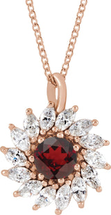 14K Gold Round Natural Mozambique Garnet & Natural Diamond Halo-Style Necklace or Pendant – 3.5-6mm Stones - Rose Gold