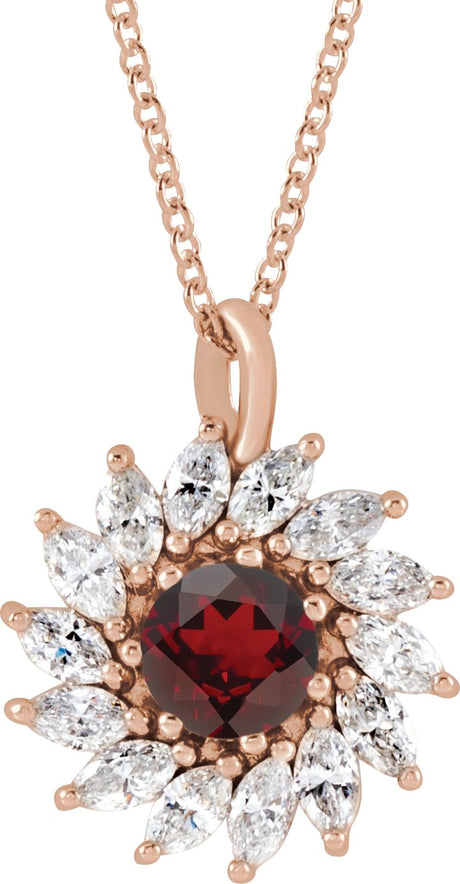 14K Gold Round Natural Mozambique Garnet & Natural Diamond Halo-Style Necklace or Pendant – 3.5-6mm Stones - Rose Gold