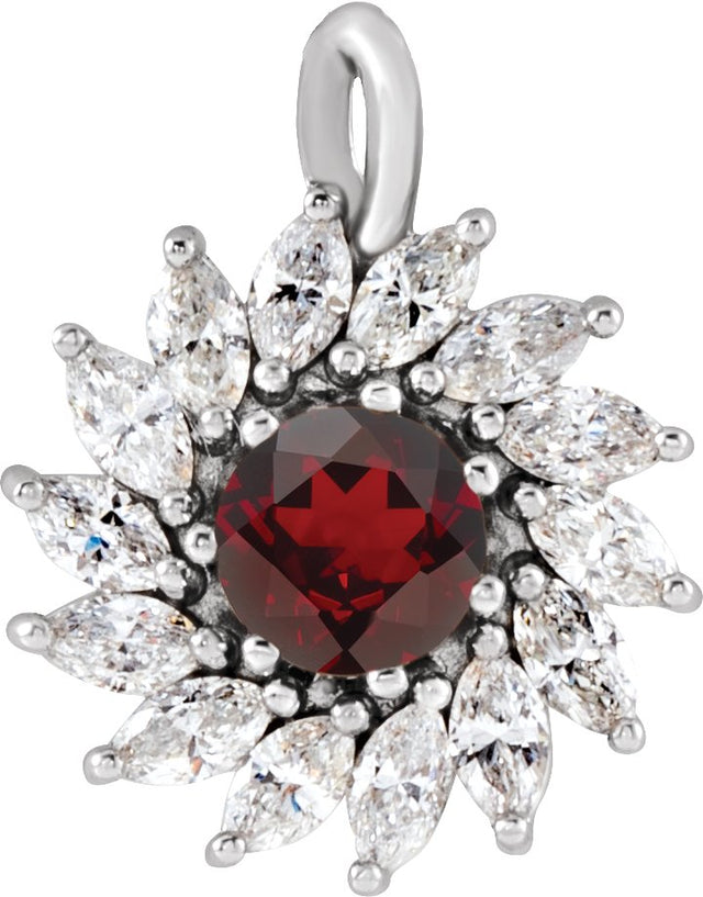 Platinum Round Natural Mozambique Garnet & Natural Diamond Halo-Style Necklace or Pendant – 3.5-6mm Stones